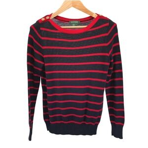 Lauren Ralph Lauren Black Red Stripe Mercerized Cotton Button Boatneck Sweater L